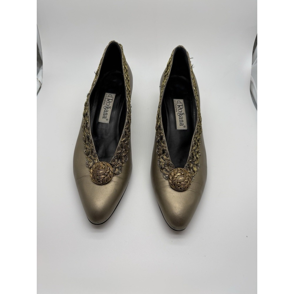 d'Rossana By Charna Gold Leather Embellished Heels, Size 8